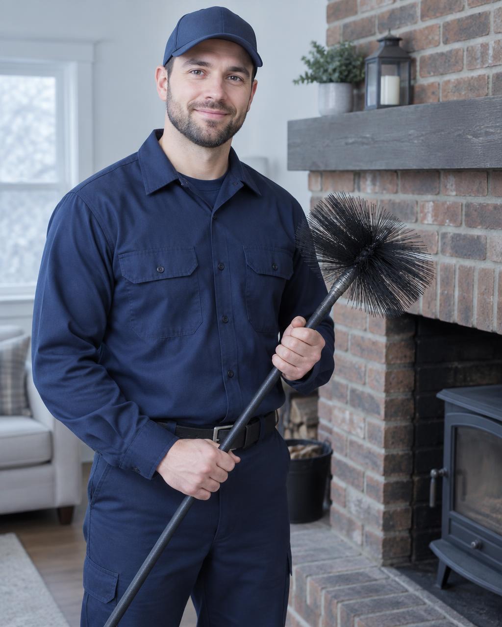 Chimney Clean Man technician with a sweep brush beside a fireplace